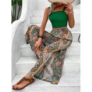 Women Classic Checkered Pattern Cropped Camis Casual Pants Set main image 0